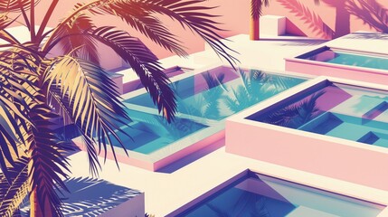Palma rosnąca na pierwszym planie przed abstrakcyjnie umiejscowionymi basenami hotelowymi. Kompozycja ta prezentuje spokojną atmosferę oraz miejsce do relaksu. - obrazy, fototapety, plakaty