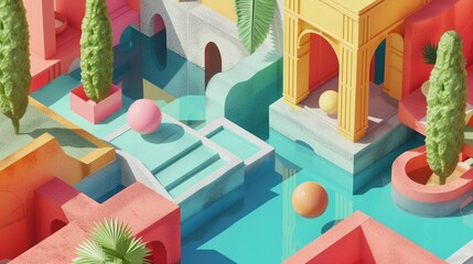 Na obrazie przedstawione jest kolorowe czyste kanały w mieście stworzonym komputerowo, z dynamiczną architekturą i jaskrawymi kolorami. Izometryczne, geometryczne.