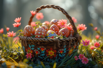 Fototapeta na wymiar A traditional Polish Easter basket filled with symbolic items, representing blessings for the coming year. Concept of Polish Easter traditions. Generative Ai.