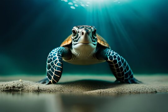 underwater photo of a turtle swimming in tropical sea water, underwater landscape, marine wildlife created with generative ai technology