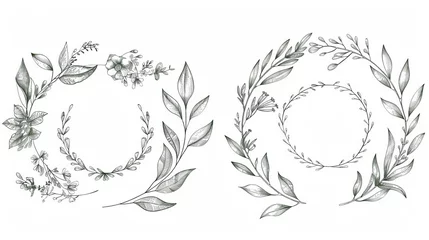 Fotobehang Minimalistic botanical wedding frame elements, including wreaths, flowers, and leaf branches in a hand-drawn pattern, set against a white background © Orxan