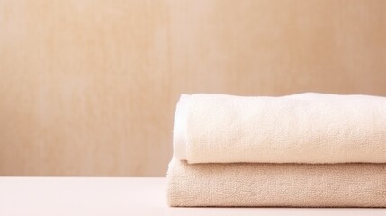 Beige cotton towels on a beige background. Bathroom decor and accessories.