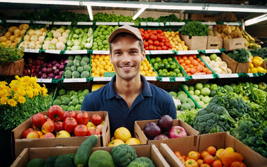 A young smiling farmer sells his organic fruits and vegetables