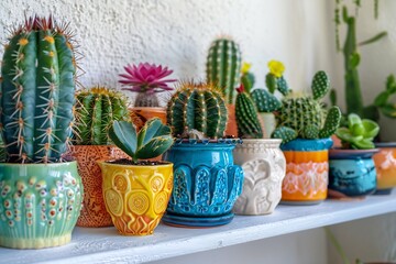 A delightful collection of vibrant cactus plants housed in an array of colorful pots, arranged neatly on a white shelf in a cozy home setting