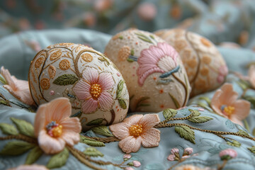 Beautifully embroidered Easter linens, enhancing the festive atmosphere with intricate patterns and designs. Concept of Easter embroidery. Generative Ai.