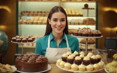 A young smiling saleswoman sells cakes