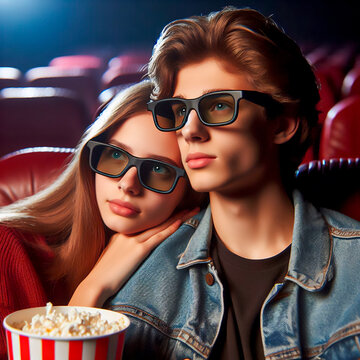 Pareja de jóvenes viendo película en sala de cine usando lentes 3d y comiendo palomitas de maíz