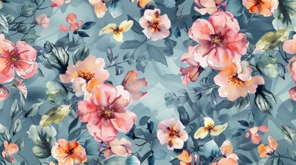 Fototapeta na wymiar A seamless floral pattern featuring flowers against a summer background, depicted in watercolor illustration. This template design is ideal for textiles, interior decor, clothing, and wallpaper