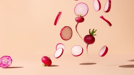Sliced radishes gracefully fall through the air against a flat lay beige pastel background, creating a whimsical and expressive scene.