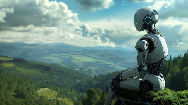 Robot siedzi na krawędzi bujnego zielonego wzg&oacute;rza, w tle rozciąga się malowniczy krajobraz. Kreuje on atmosferę spokoju i zadumy, łącząc nowoczesność z naturą.