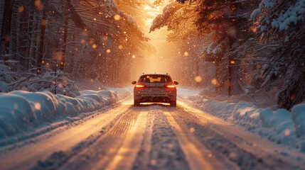 Car on impassable winter road, winter traffic, dangerous road - obrazy, fototapety, plakaty