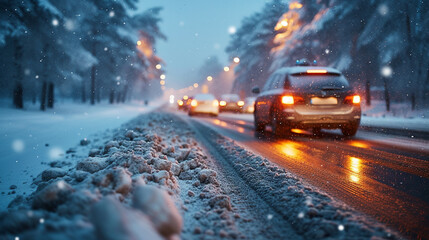 Car on impassable winter road, winter traffic, dangerous road - obrazy, fototapety, plakaty