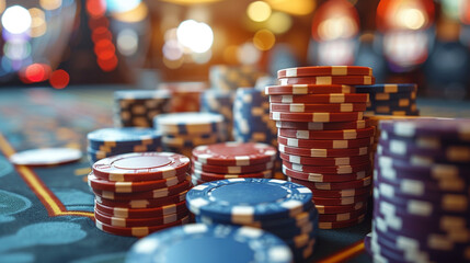 Poker chips in casino,  gambling concept