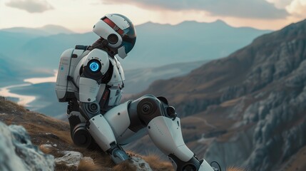 Robot siedzący na szczycie góry, promujący spokój i medytację w tle krajobrazu. © Artur
