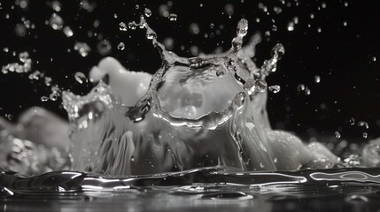Czarno-białe ujęcie wody, która rozpryskuje się w powietrzu z dużą siłą i energią. Obrazuje dynamiczne zjawisko ruchu wody, tworzące interesujące wzory i kształty. Slow motion. - obrazy, fototapety, plakaty