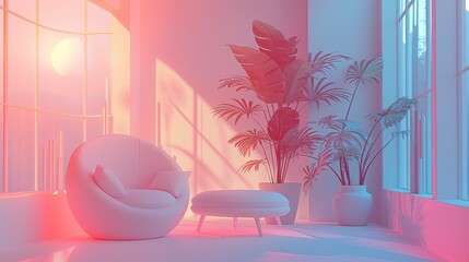 W pokoju znajduje się modny nowoczesny biały fotel, obok kilku roślin doniczkowych, a światło wpada przez duże okno, tworząc atmosferę spokoju i harmonii. Miekkie kolory. Backdrop - obrazy, fototapety, plakaty