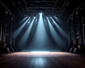 Empty stage illuminated by spotlights. Theater scene