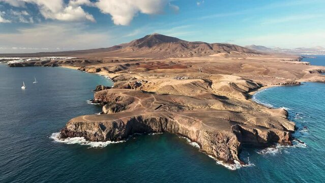 4k aerial view most popular Papagayo beach of Lanzarote, cove of white sand, Atlantic Ocean bay. Canary islands, Spain