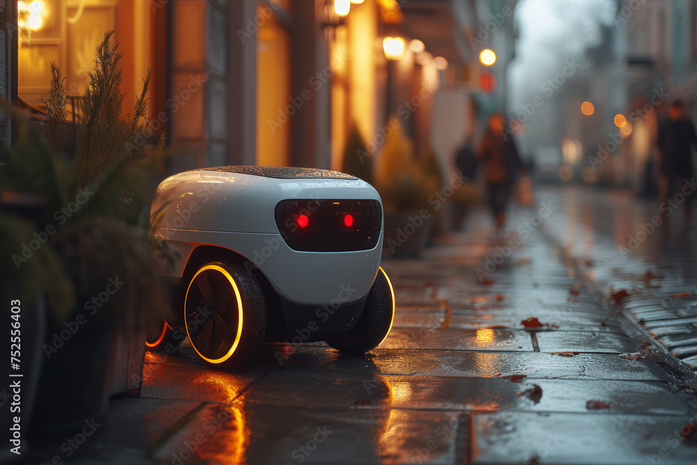 Poster a delivery robot rolling down a sidewalk, bringing packages to customers efficiently. concept of rob