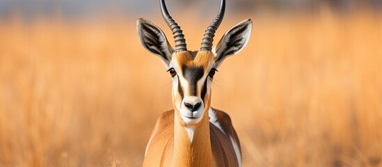 A gazelle stands confidently in a field of tall grass, its gaze steady and alert. The graceful creature exudes a sense of freedom and wild beauty in its natural habitat.