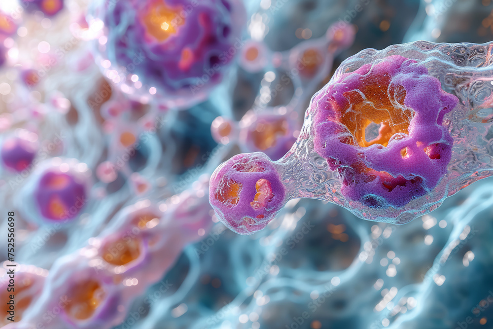 Poster a microscopic view of genetically modified organisms interacting at the cellular level. concept of e