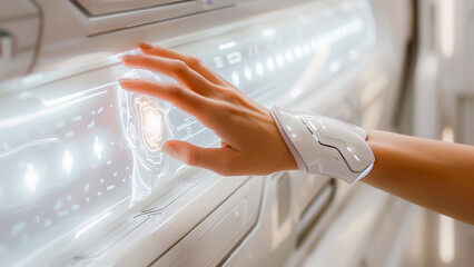 A hand with a futuristic wristband interacts with a holographic technology interface on a control panel.