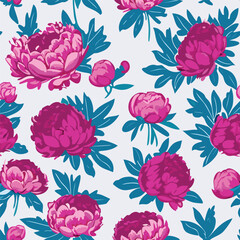 Abstract floral seamless pattern. Bright colors, painting on a light background. Cherry blossoms.
