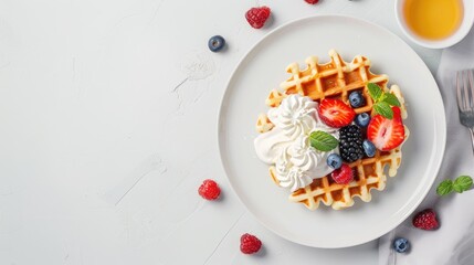 Fototapeta na wymiar children's breakfast with a top-down capturing a plate adorned with one waffle, assorted fruits, berries, and whipped cream on a white table, leaving ample space for text.