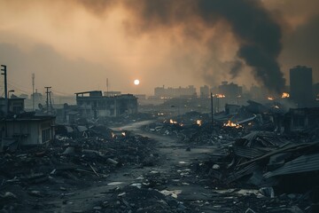 Fototapeta na wymiar A haunting depiction of a post-apocalyptic abandoned city, with destroyed buildings looming amidst a landscape of burning rubble, the air thick with pollution and smoke