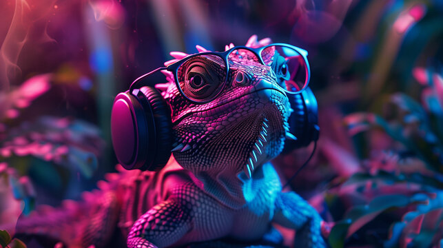 Musical Lizard with Headphones in Neon Paradise