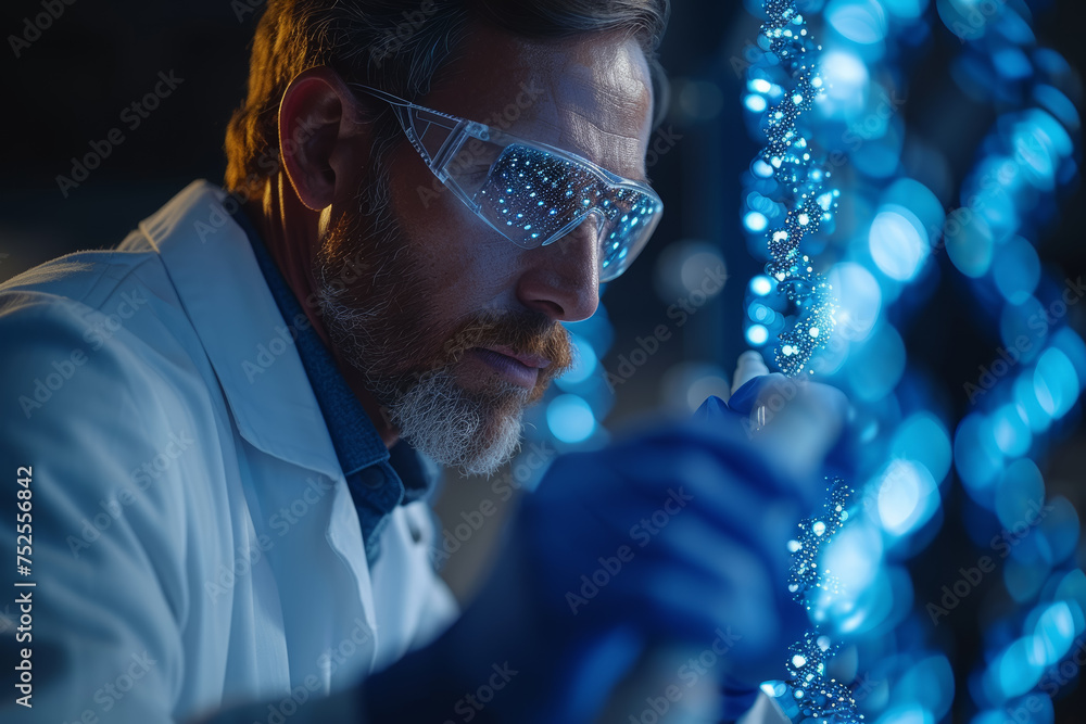Poster a laboratory technician using precision instruments to manipulate genes. concept of genetic engineer