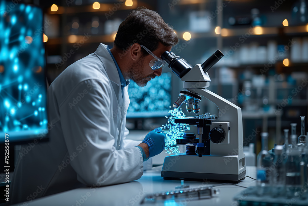 Poster a laboratory technician using precision instruments to manipulate genes. concept of genetic engineer