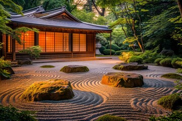 Serene Japanese garden with raked sand patterns and tradition architecture, a peaceful and cultural...