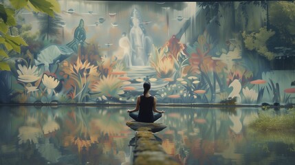 Osoba w pozycji lotosu siedzi przed malowidłem, skupiona i praktykująca uważność na swoim otoczeniu. - obrazy, fototapety, plakaty