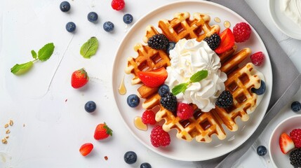 children's breakfast with a top-down capturing a plate adorned with one waffle, assorted fruits, berries, and whipped cream on a white table, leaving ample space for text.