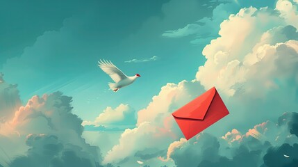 Ptak lecący nad czerwoną kopertą na niebie - obrazy, fototapety, plakaty