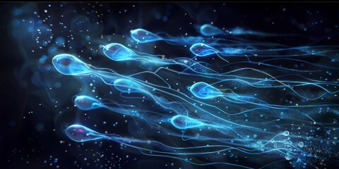 Artistic depiction of sperm cells swimming dynamically in a detailed and vivid microscopic view, Generative AI