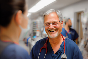 Smiling mature male doctor in scrubs with a stethoscope around his neck, conversing with a patient or colleague in a hospital setting. - obrazy, fototapety, plakaty
