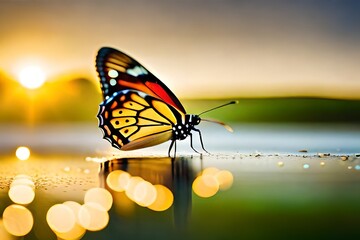 Obraz premium butterfly on a flower, blurred background, macro photography created with generative ai technology