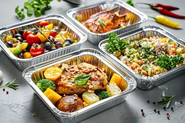 advertising poster some kinds of square aluminum foil lunch box of different sizes, filled with realistic food