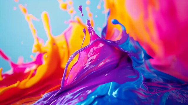 Explosion of vibrant paint splashes in a mesmerizing array of pink, blue, orange, and purple against a sky blue backdrop
