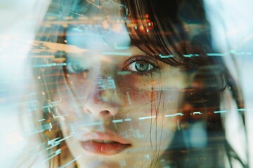 A captivating close-up portrait of a young woman with a mesmerizing double exposure effect