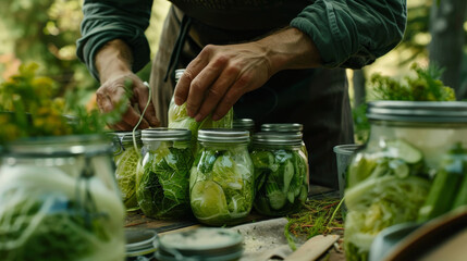 Old farmer hands packing jars with variety of vegetables for fermentation, cabbage and cucumbers, on wooden table outside, surrounded by nature, handmade, artisanal process. Generative ai