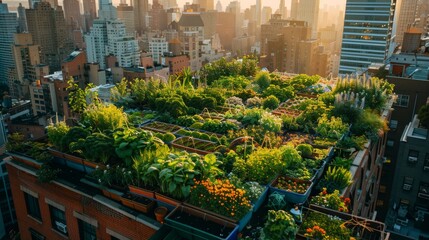 Small green space, rooftop garden. Rooftop farm thriving in city, showcasing sustainable urban agriculture. Potential to disrupt traditional food production systems. Generative ai