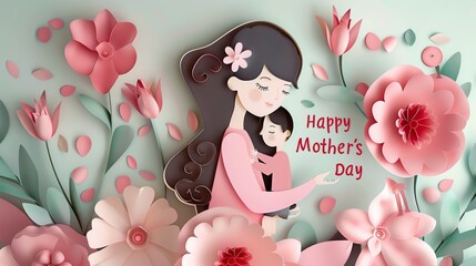 Happy Mother's day concept, floral decorations in paper art style. Paper craft of mother holding child. Generative ai