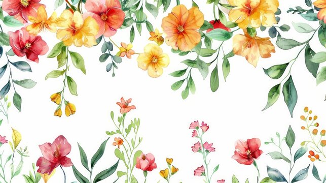 Watercolor texture featuring a hand-drawn colorful floral set with yellow, pink, and red blossom plants, ideal for cards, prints, and invitations. Vector format