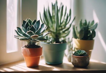 Obraz premium Collection of various succulents and plants in colored pots Potted cactus and house plants against l (5).jpg