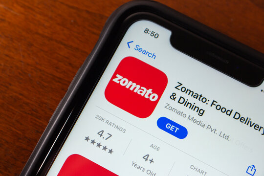 Vancouver, CANADA - Mar 4 2024 : Zomato app seen in App Store on iPhone screen. Zomato is an Indian multinational restaurant aggregator and food delivery company. Zomato was founded in 2008