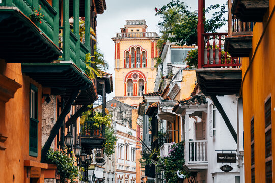 colorful street of cartagena de indias old town, colombia	