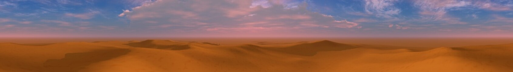 Panorama of sand desert at sunset, dunes and dunes under blue sky, 3D rendering